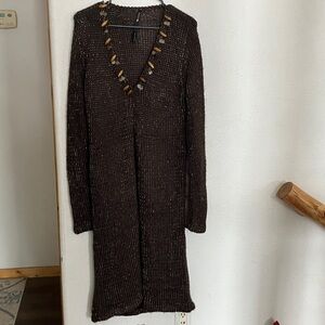 Renee C. Brown Long Sleeve Trench Cardigan Sweater with Gold Thread Wood Buttons
